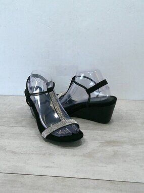 Sexy Style & Co Mulan Black Embellished T-Strap Slingback Wedges Size 10 M